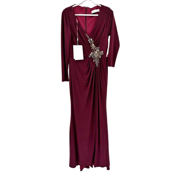 Mac Duggal 67848 Red Berry Faux Wrap Maxi Gown Beaded Bodice 8 NWT - Picture 2 of 8